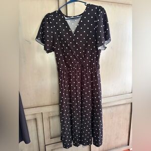 Polka Dot Surplice Midi Dress - Brown/White